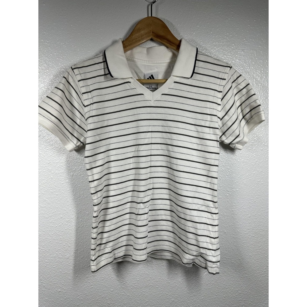Adidas Shirt Womens Small Polo Short Sleeve V Neck Striped Tee Athletic Top